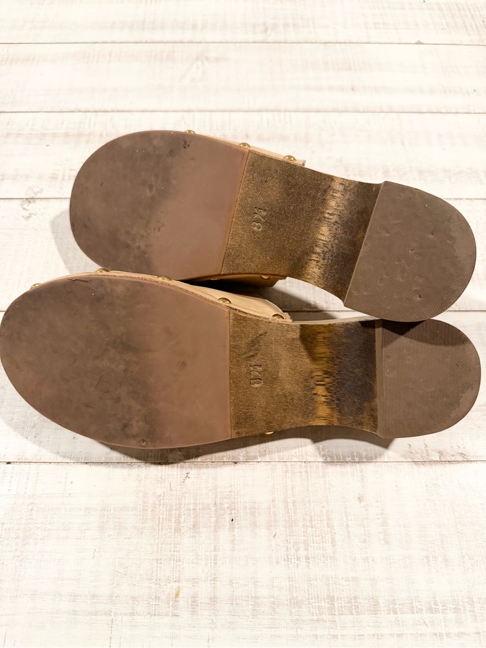 Bird of Flight Brown Leather Wood Sole Clog Mules Size 8.5 Studded Slip On Shoes - Picture 8 of 10